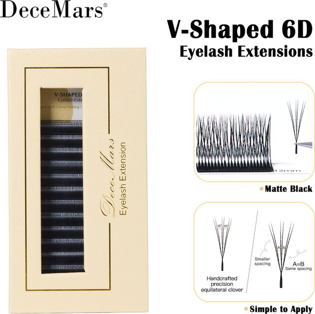 DeceMars Wimpernverlängerungen V-förmig 6D, Matt Schwarz, 12 Reihen - Bild 1