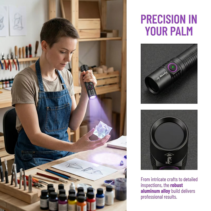 Alonefire 5W UV-LED Schwarzlicht-Taschenlampe 365nm in Schwarz, USB-wiederaufladbar zur Detektion von Haustierflecken, Tinea, Geldscheinen und Skorpionen - Bild 2