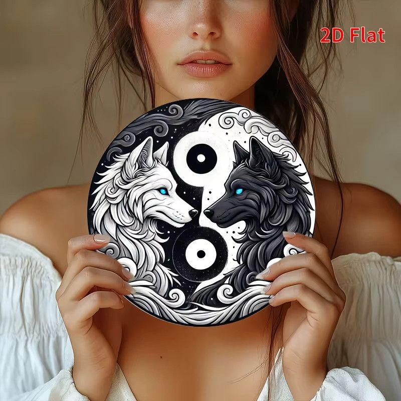 Potdemiel Yin Yang Harmony Wandkunst Eisenschild mit Wolf-Design in Schwarz-Weiß, Durchmesser: 20,3 cm - Bild 2