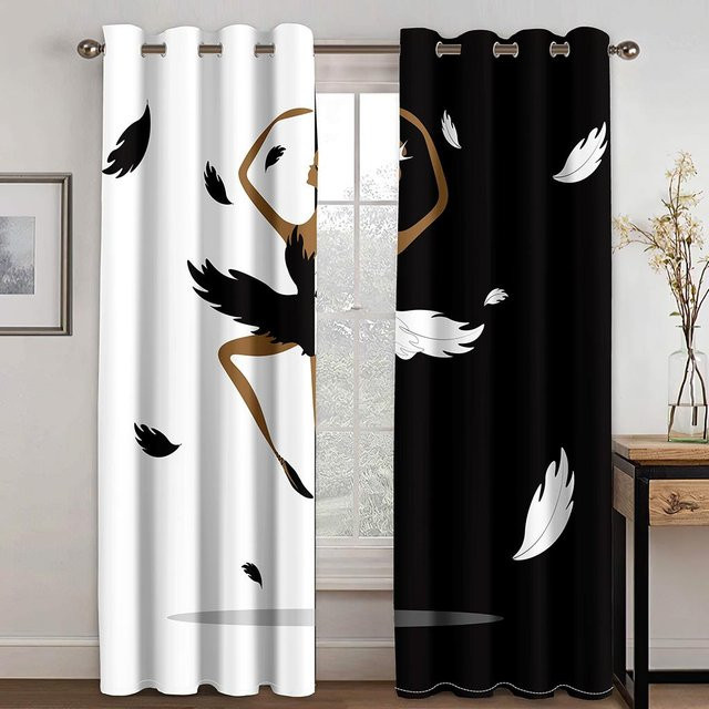 A Family Of Home Textiles 2-teiliger Verdunkelnder Fenstervorhang mit 3D Tanzendes Mädchen Motiv in Schwarz Weiß, Breite: 100 cm, Höhe: 160 cm - Bild 1