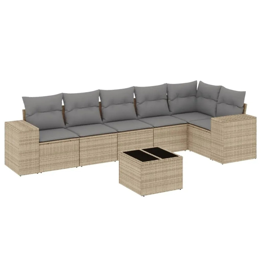 vidaXL 7-teilige Garten-Sofagarnitur in L-Form aus Poly-Rattan mit Kissen in Beige und Grau - Bild 2