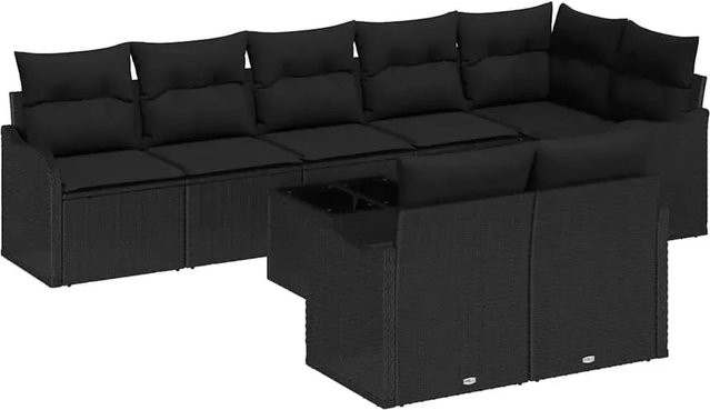 vidaXL Garten-Sofa-Set aus Polyrattan in Schwarz mit Kissen, 9-teiliges L-Shape Lounge-Set - Bild 1