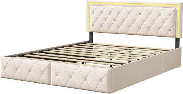 PXloue Bettgestell mit Schubladen und USB-Ladeport in Beige, Modernes Doppelbett mit verstellbarem Kopfteil, B/T/H: 160 x 200 x 101 cm - Bild 1