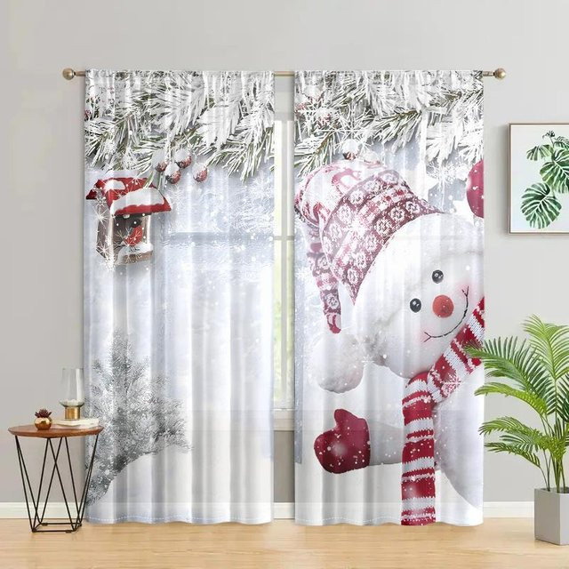 2er-Set Weihnachts-Schneemann-Vorhänge in Weiß mit 30% Verdunkelung, B: 150 cm, H: 166 cm - Bild 1