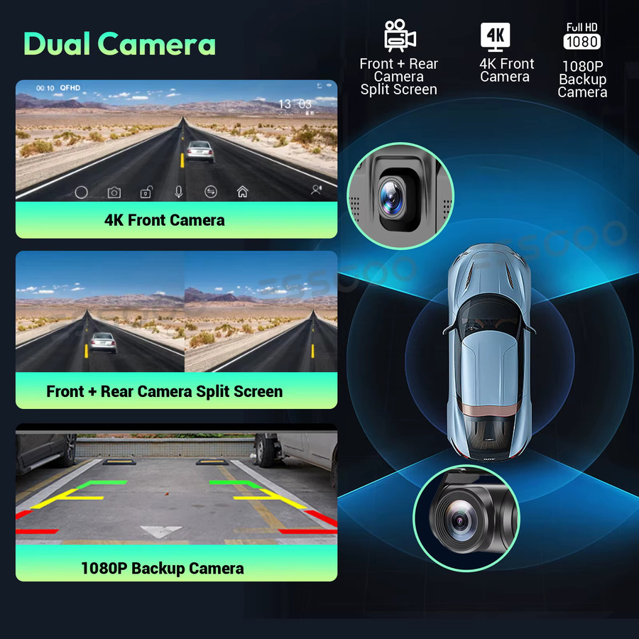ESSGOO 4K Dashcam mit 10,26 Zoll Touchscreen, Tragbarer Videorekorder mit Apple CarPlay, Android Auto, Doppel-Linse, Bluetooth, WiFi und USB-C in Schwarz - Bild 5
