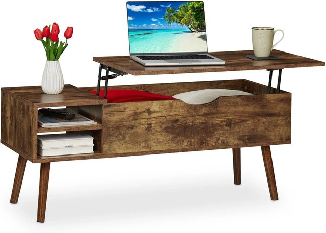 Relaxdays Couchtisch im Industrial-Design aus Spanplatte und Eisen, höhenverstellbar und aufklappbar, Braun/Schwarz, B: 108 cm, T: 45 cm, H: 40 cm - Bild 1
