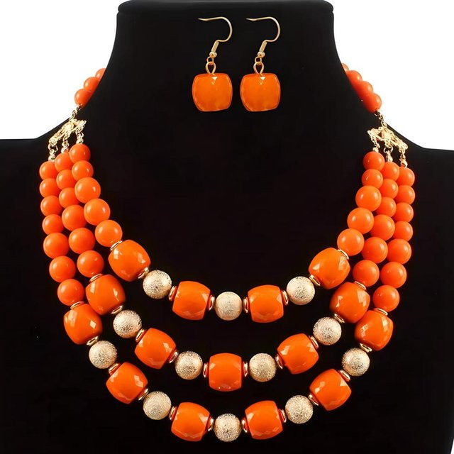 Lucky Star Jewelry Schmuck-Set, Halskette, Ohrringe, Acryl, Perle, Zirkonia, orange, Damen - Bild 1