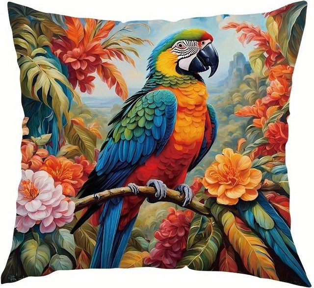 VIKAMA Kissenbezug-Set mit Papageien- und tropischem Blumen-Motiv, quadratisch, Mehrfarbig, B/B: 50 x 50 cm - Bild 1