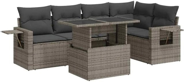 vidaXL 6-teilige Garten-Sofagarnitur in L-Form aus grauem Poly-Rattan mit Kissen und pulverbeschichtetem Stahlgestell - Bild 1