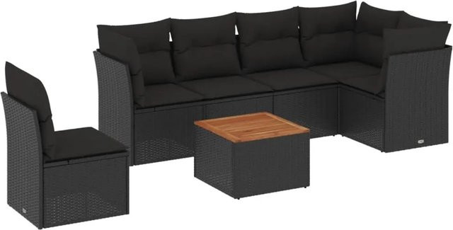 vidaXL 7-tlg Garten-Sofagarnitur in L-Form aus Poly-Rattan und Akazienholz mit Kissen, Schwarz - Bild 1