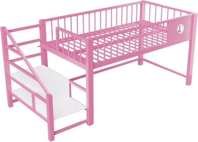 Merax Hochbett für Kinder aus Metall und MDF mit Stauraumleiter und Seitenfächern, Farbe: Rosa, B/T/H: 200 x 90 x 141,5 cm - Bild 1