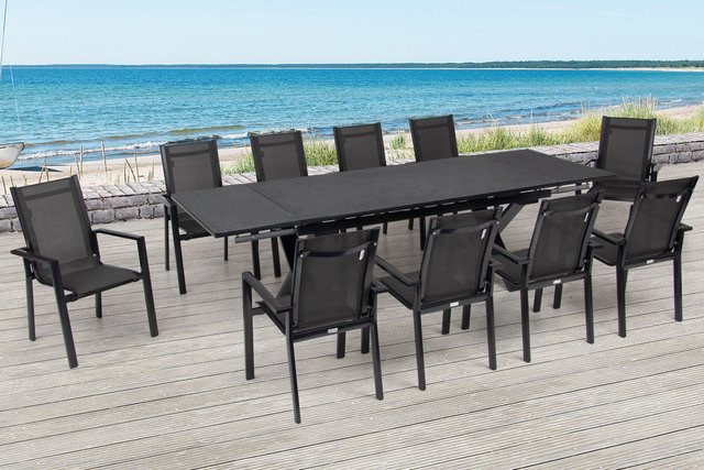 OUTFLEXX Garten-Essgruppe in Anthrazit mit ausziehbarem Tisch und 10 Stapelsesseln aus Aluminium, Keramik und Textil - Bild 1