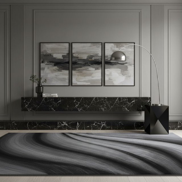Kurzflorteppich Kadima Design ASPEN mit abstraktem Wellenmuster in Schwarz und Grau, B/T: 80 x 150 cm - Bild 1