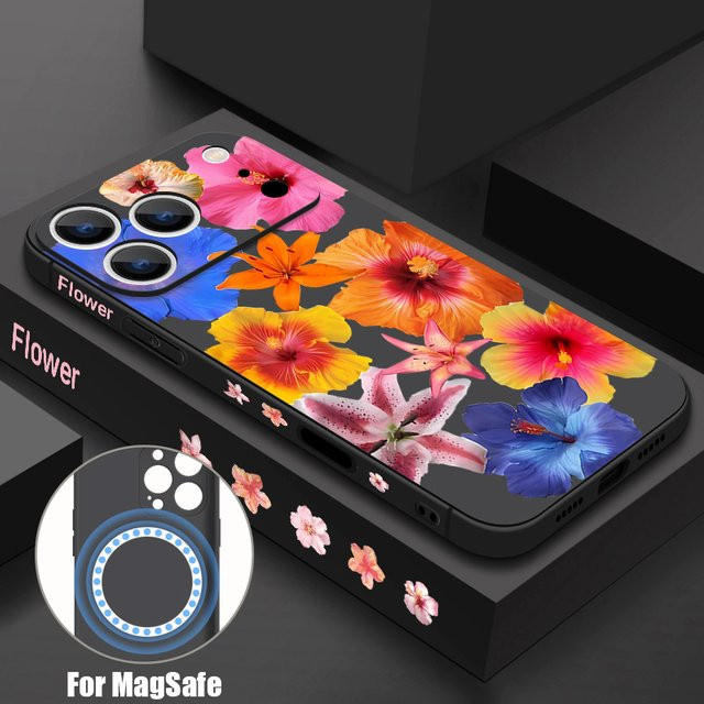 YISHANGOU Handyhülle mit buntem Blumenmuster für iPhone 11 bis iPhone 17 Pro Max, magnetisches Soft TPU Cover in Schwarz und Multicolour - Bild 1