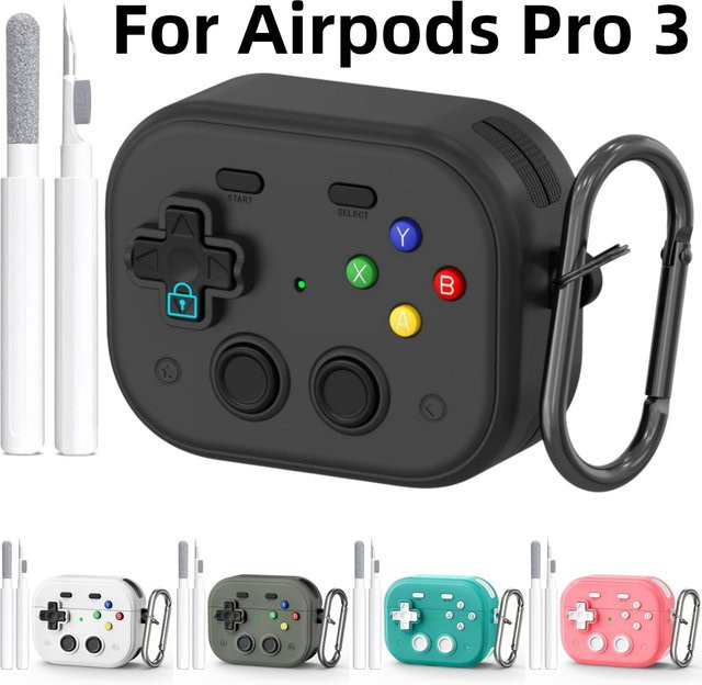 Schutzhüllen-Set im Spielkonsolen-Design für Apple AirPods Pro 3 in Schwarz und Grau inklusive Reinigungsset und Schlüsselanhänger - Bild 1