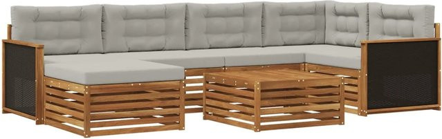 vidaXL Outdoor-Sofagarnitur L-Form aus Akazienholz mit 7 Kissen in Natur und Hellgrau - Bild 1