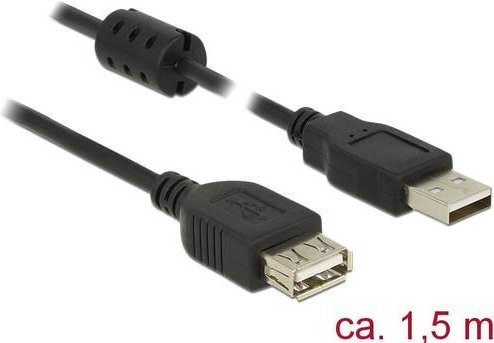 Delock USB 2.0 Kabel mit USB-A Stecker und USB-A Buchse, Schwarz, 1,5 m mit Ferritkern - Bild 1
