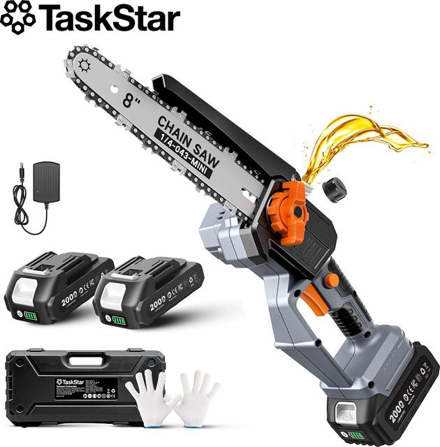 TaskStar 8-Zoll Mini-Akku-Kettensäge mit bürstenlosem Motor, inklusive 2 x 2,0-Ah Akkus, passend für Makita 18V LXT Anschluss - Bild 1