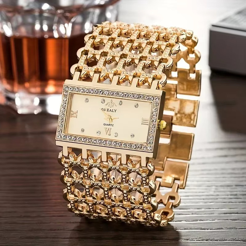RUNERR Armbanduhr, Quarz, Edelstahl, Gold, Diamantbesetzt, Eckig, Damen - Bild 2