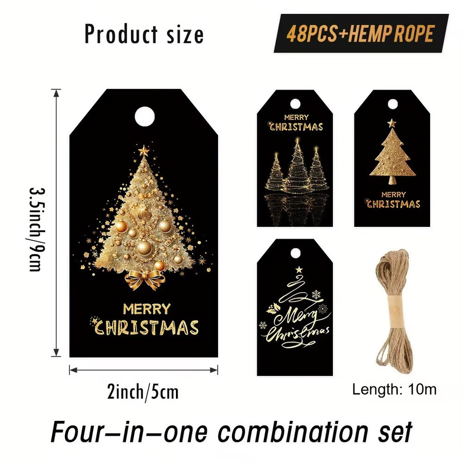 48 Stück Weihnachtsgeschenkanhänger in Schwarz und Gold mit Baumdesign und Hanfseil aus Papier - Bild 4