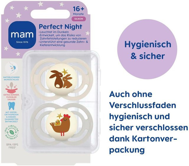 MAM 2er-Pack Perfect Night Schnuller aus Silikon für 16+ Monate, weiß/multicolor, BPA-frei und sterilisierbar - Bild 1