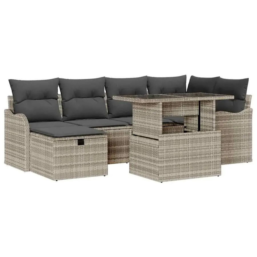 vidaXL Garten-Sofa-Set aus Polyrattan in Hellgrau, 7-teiliges L-Shape Lounge-Set mit Kissen für Terrasse und Garten - Bild 2