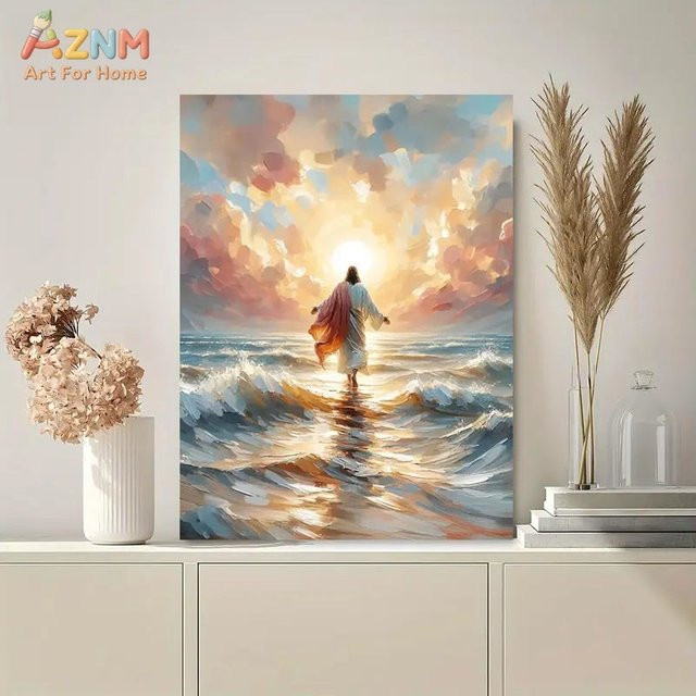 AZNM Jesus Leinwanddruck Impressionistische Religiöse Wandkunst Sonnenaufgang und Ozean Motiv in Mehrfarben - Bild 1