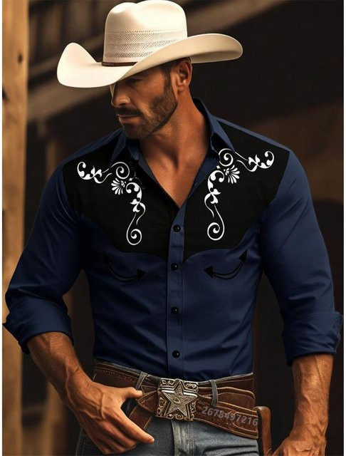 Wengy 2 Herren-Langarmhemd, Western-Cowboy-Stil, Vintage-Musterdruck, black, 4XL - Bild 1