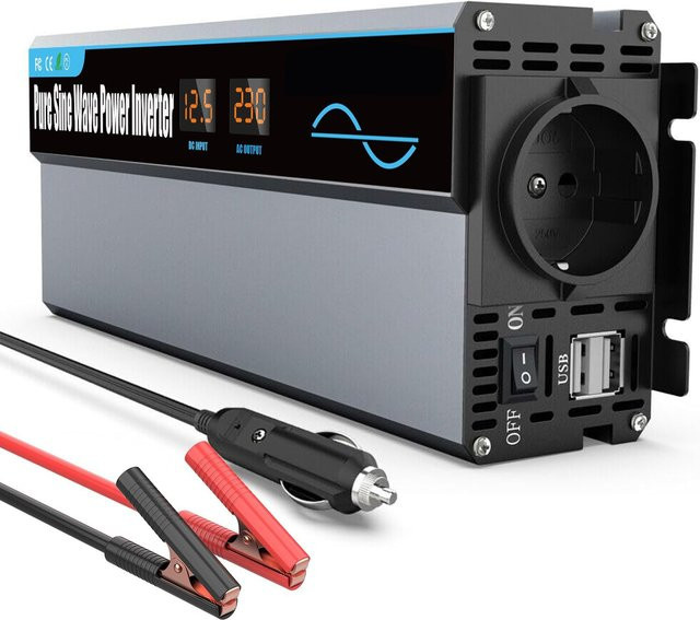WUIETI Reiner Sinus-Wechselrichter 1000W DC 12V zu AC 230V mit 2000W Spitzenleistung, EU-Steckdose, USB-A und USB-C sowie LCD-Display für Auto und Wohnmobil - Bild 1