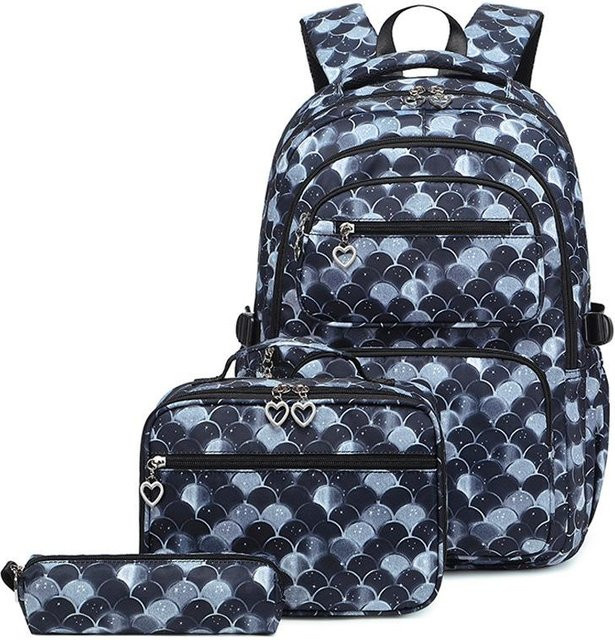 Schulranzen-Set für Mädchen mit Blumendruck in Schwarz und Blau, wasserabweisender Kinderrucksack aus Nylon inklusive Brotdose und Federmäppchen - Bild 1