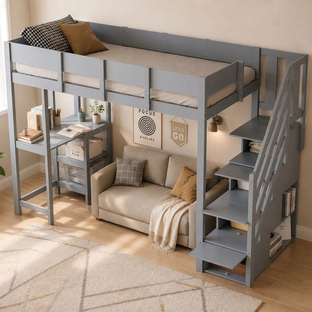 Merax Hochbett aus Kiefer Massivholz für Kinderzimmer in Grau mit Stauraum und Treppe, B/T/H: 90 x 200 x 252 cm - Bild 1
