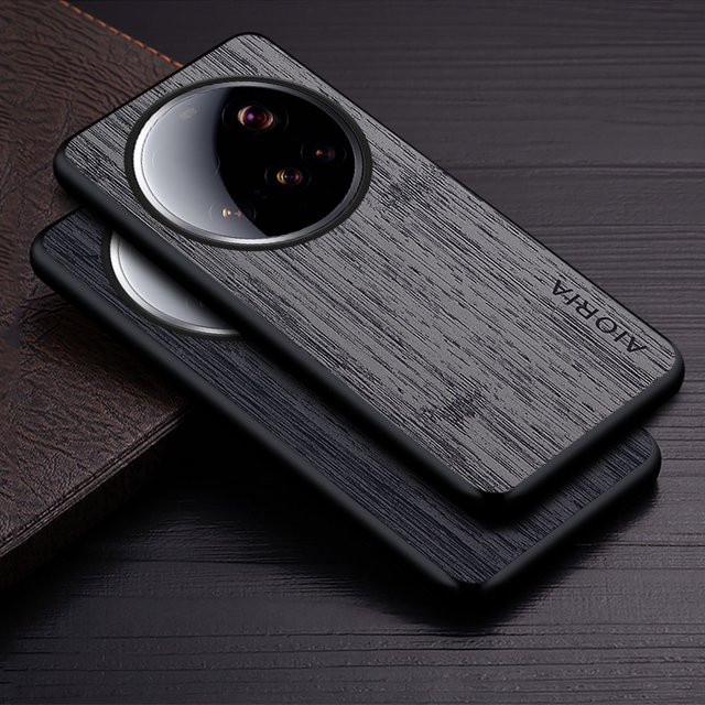 Luxus Handyhülle mit Bambus-Holzmuster aus Leder für Xiaomi 15 Ultra Pro und Xiaomi 15 Ultra in Schwarz und Grau - Bild 1