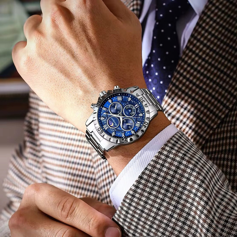 POEDAGAR Chronograph Armbanduhr, Quarz, Edelstahl, Gold Blue, Herren - Bild 6