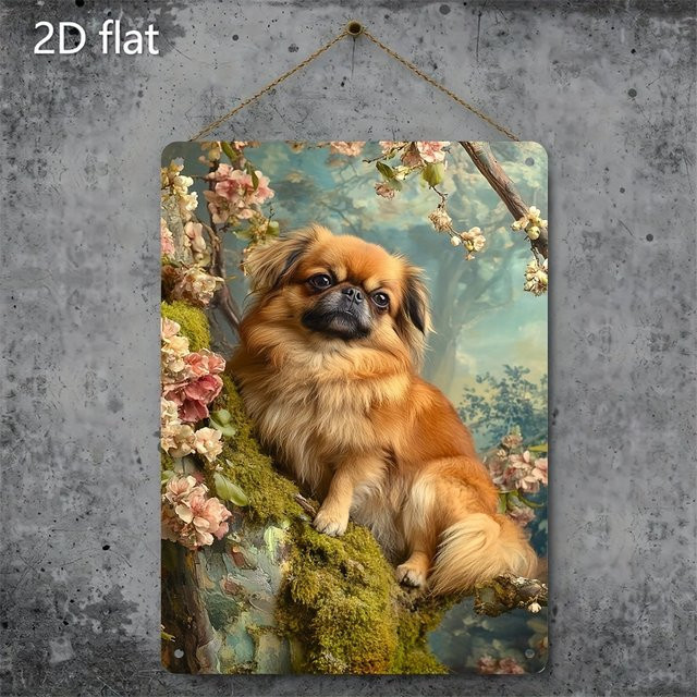 Vintage Metallschild CIFBUY mit Pekingese-Motiv und Blumenmuster, B: 20 cm, H: 30 cm, Mehrfarbig - Bild 1