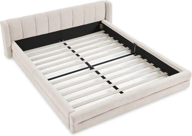 okwish Einzelbett mit Rückenlehne aus Chenille in Beige für das Kinderzimmer, B/T/H: 160 x 200 x 60 cm - Bild 1