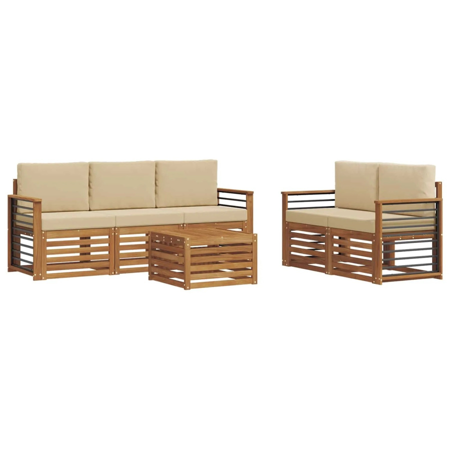 vidaXL Sofagarnitur 6-teilig aus Massivholz Akazie in Natur und Beige mit Tisch und Polstern - Bild 2