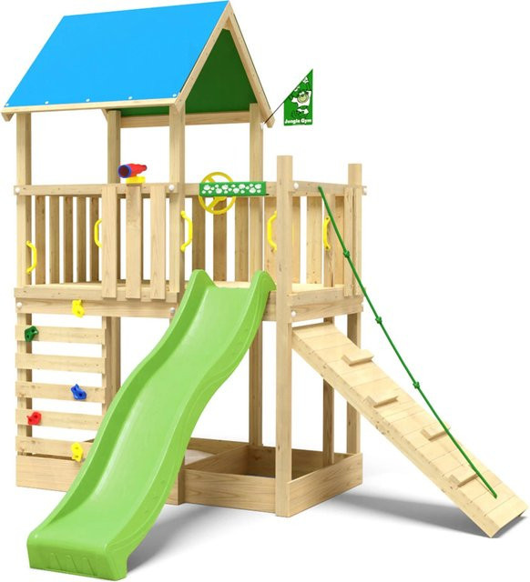 Jungle Gym Spielturm Wonder aus Holz mit Planendach, Kletterrampe und Rutsche in Hellgrün - Bild 1