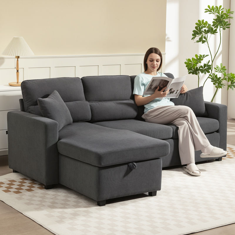HOMCOM L-förmiges Ecksofa mit Bettfunktion und Stauraum in Grau, verstellbares Gästesofa mit Cord-Stoff und Metallrahmen - Bild 2