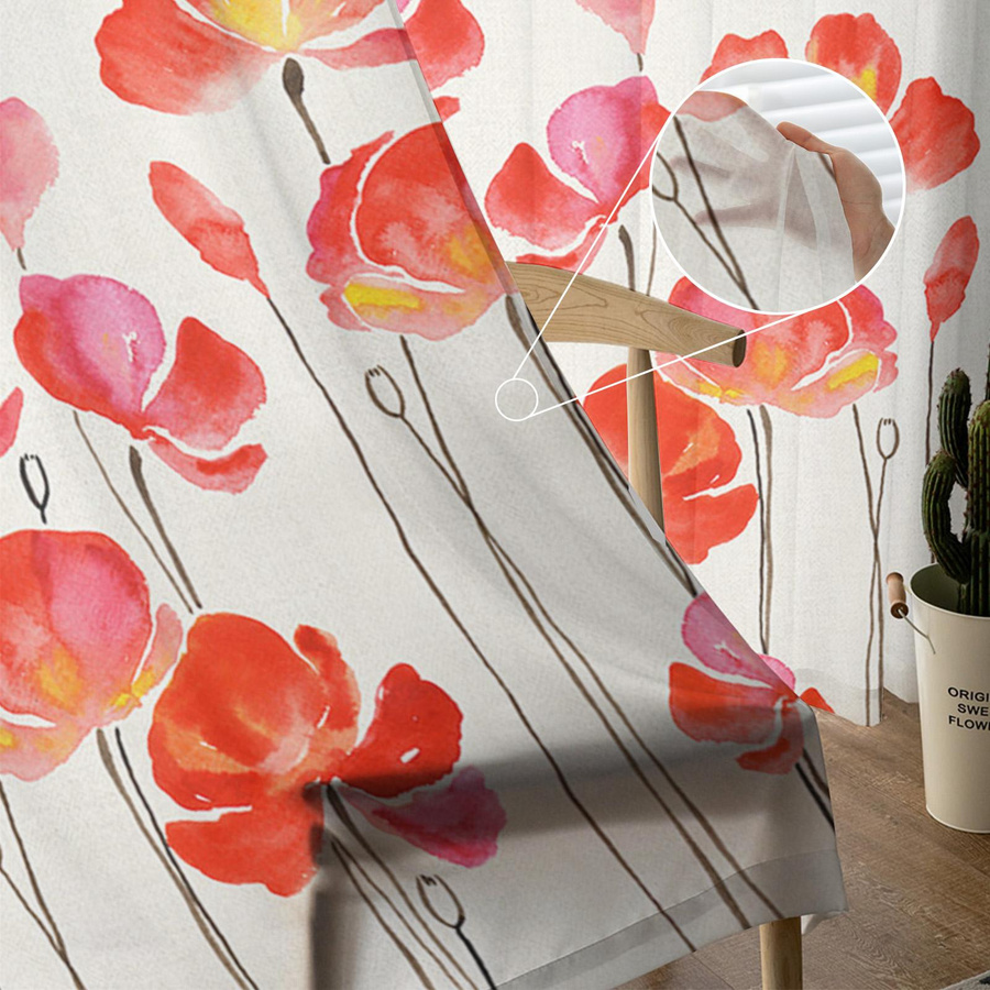 Transparente Tüll-Gardinen mit rotem Aquarell-Mohnblumen-Design von Your Warm Home, Breite: 135 cm, Höhe: 114 cm - Bild 2