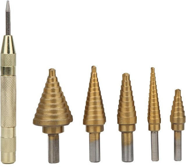 TOMTOP 6er Stufenbohrer-Set aus Hochgeschwindigkeitsstahl mit Körner in Gold und Edelstahl - Bild 1