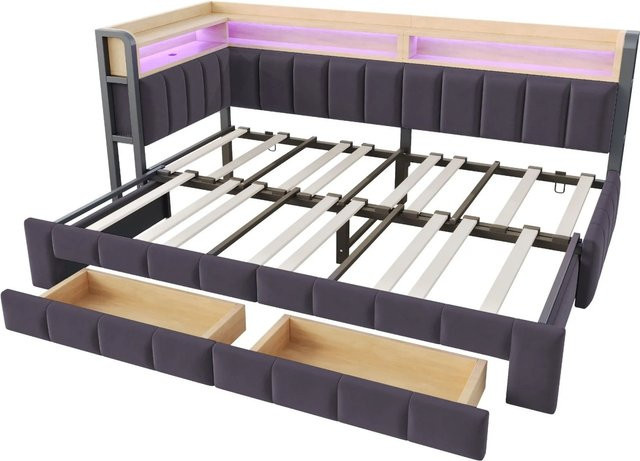 Merax Schlafsofa aus Samt in Dunkelgrau mit LED-Beleuchtung, USB-Ladeanschluss und Bettablage, B/T/H: 180 x 90 x 105 cm - Bild 1