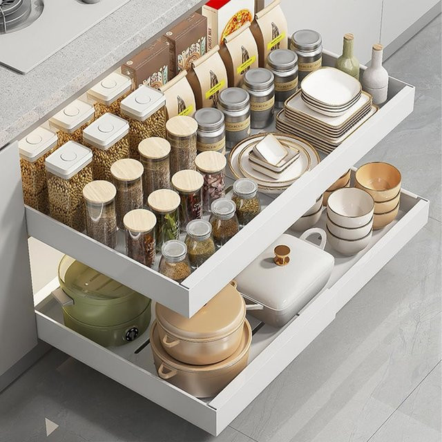 Garvee Ausziehbarer Schrank-Organizer Schwerlast-Schublade als verstellbares Aufbewahrungsregal ohne Bohren in Weiß Breite: 32-52 cm, Tiefe: 42 cm, Höhe: 7,5 cm - Bild 1