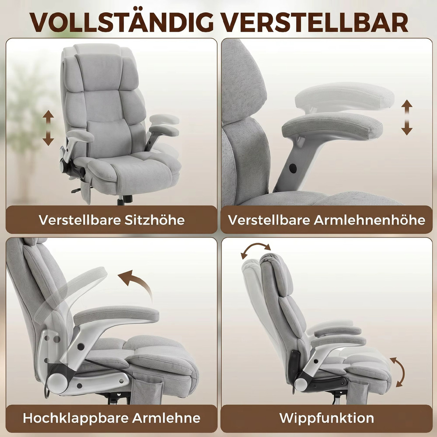 HOMCOM Ergonomischer XXL Chefsessel in Hellgrau mit hochklappbaren Armlehnen und Airbag-Lendenstütze - Bild 6