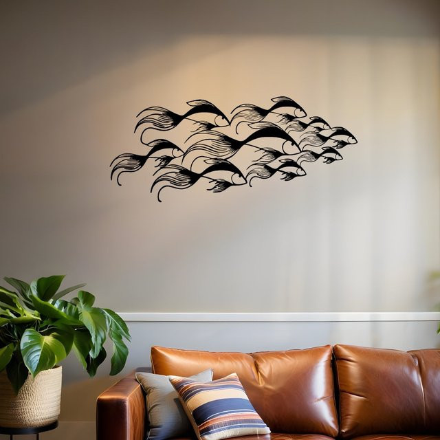 Moderne Wandkunst aus Metall von CIFBUY in Schwarz mit Fischschwarm und Wasserpflanzen im Ozean-Design - Bild 1