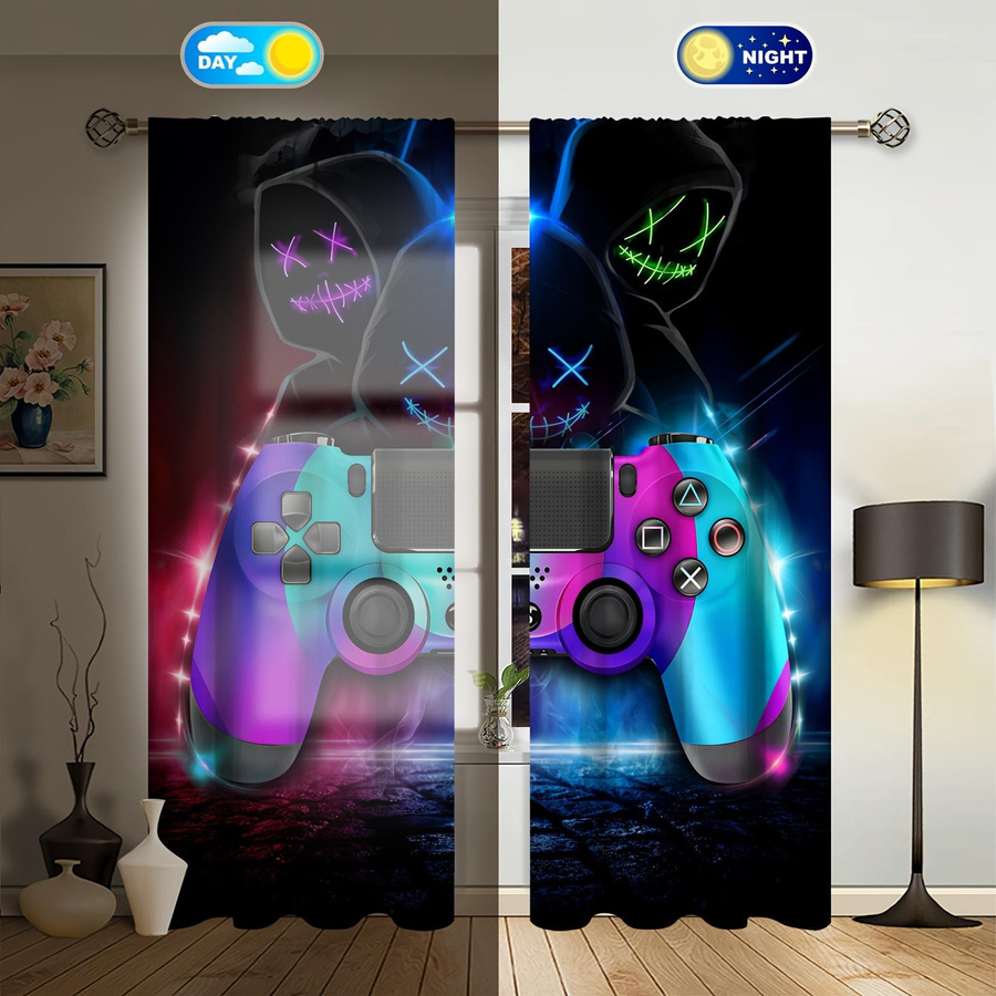 2-teiliges Gaming-Vorhang-Set für Kinder in Grün mit Game-Controller-Motiv, halbtransparent, Breite: 100 cm, Höhe: 130 cm - Bild 1