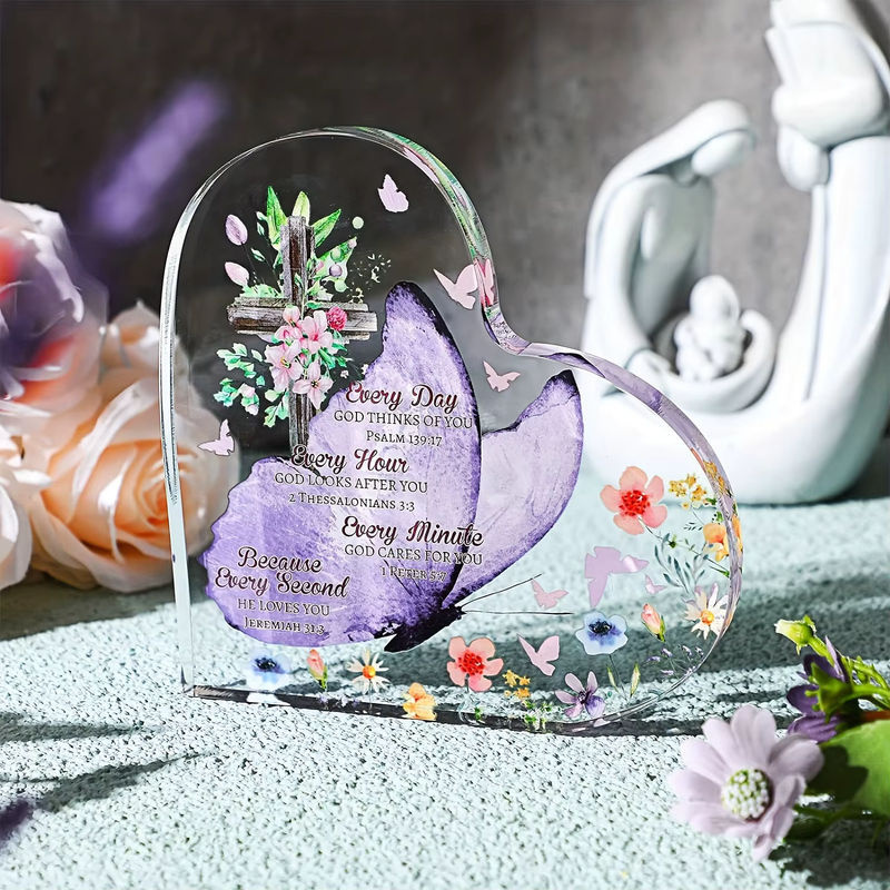 Inspirierende christliche Schreibtischdekoration aus transparentem Acryl mit Herzform, Schmetterling und floralem Design - Bild 5