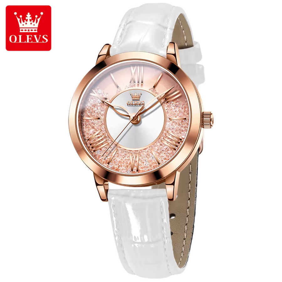OLEVS Armbanduhr Damen, Quarz, Leder, Roségold, Kristall - Bild 2
