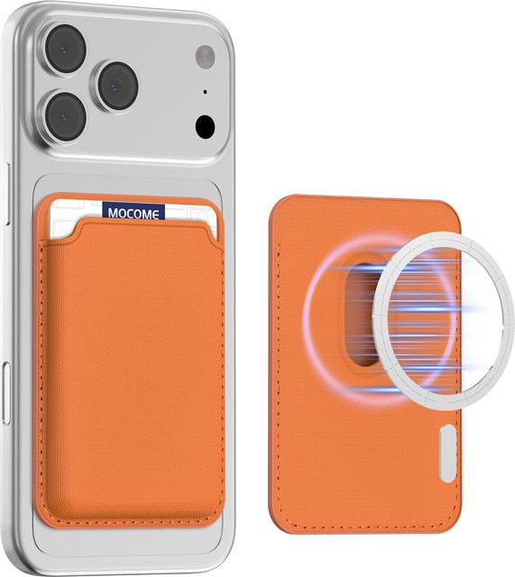Magnetisches Kreditkartenetui für Samsung und iPhone 12 bis 17 Pro Max, MagSafe Business-Kartenhalter-Tasche von RPKKS in Schwarz und Orange - Bild 1