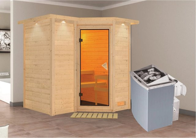 Karibu Massivholzsauna SAHIB 1 in Braun mit 9,0 kW Ofen, integrierter Steuerung, Dachkranz und Ganzglastür bronziert, B/T/H: 193 x 184 x 200 cm - Bild 2