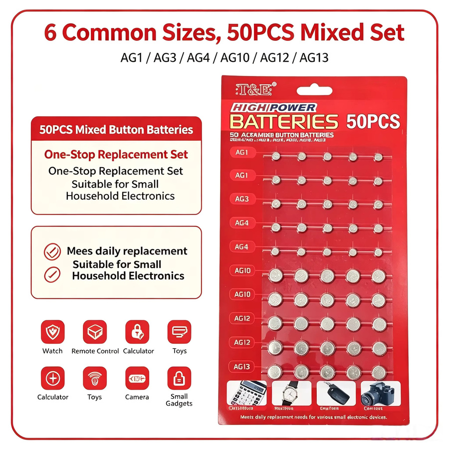 NDNNAS Knopfzellen Set 50 Stück Silber 1,5V Batterien AG1 AG3 AG4 AG5 AG12 AG13 LR44 SR44 für Spielzeug, Uhren und Fernbedienungen - Bild 2